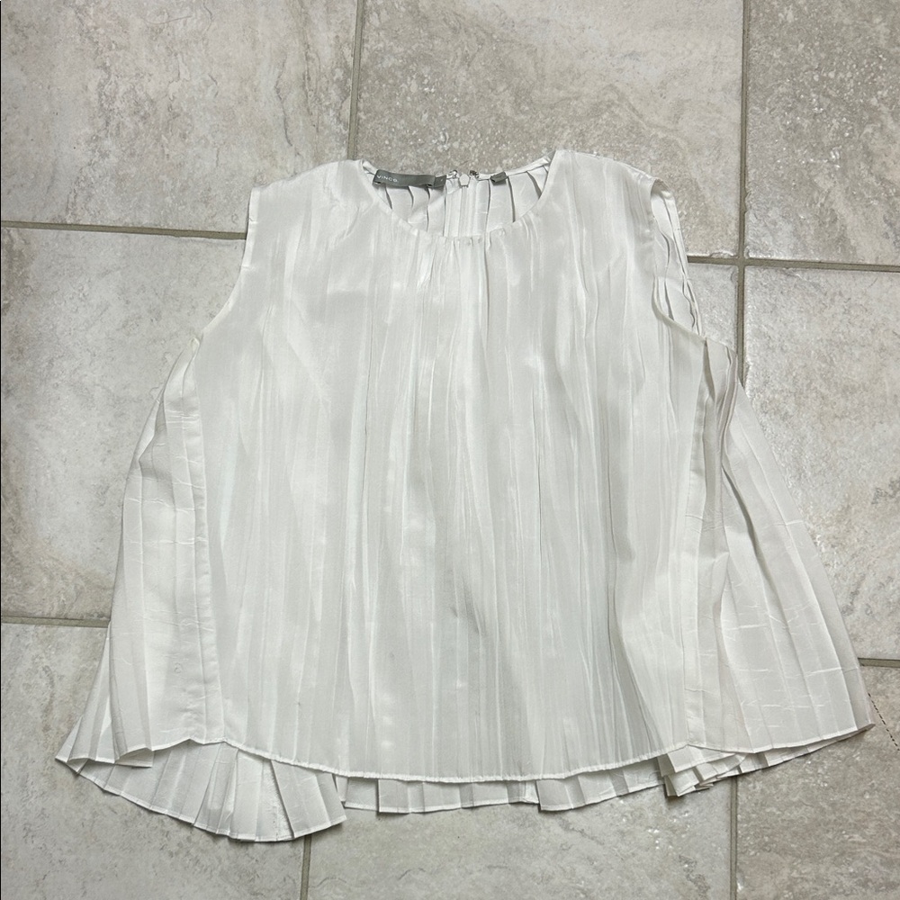 Vince White Pleated Sleeveless Blouse